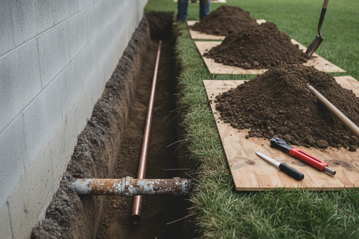Excavated water line trench during Water Heater Repair in Cleveland